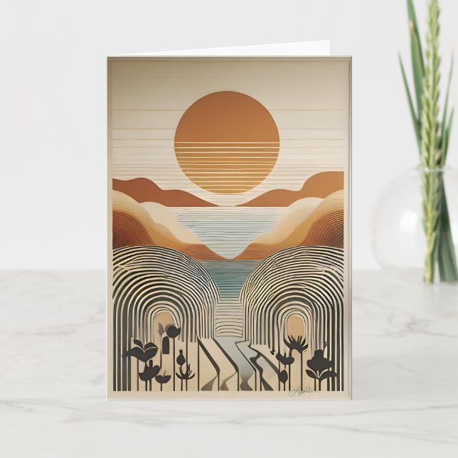Mid Century Modern Art Spring Valley Lake Sunset Card (Front)