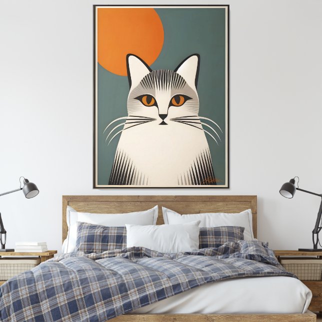 Mid Century Modern Art The Grey Cat Canvas Print (Insitu(Bedroom))