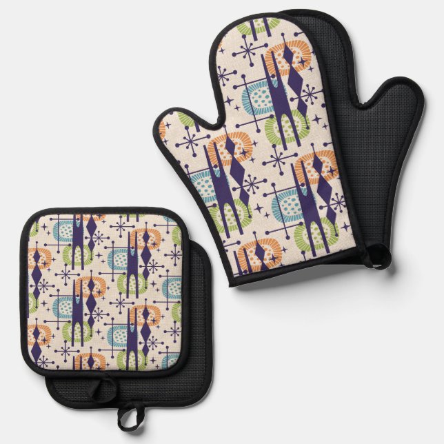 Mid Century Modern Atomic Age Abstract Pattern Oven Mitt & Pot Holder Set (Front/Back)