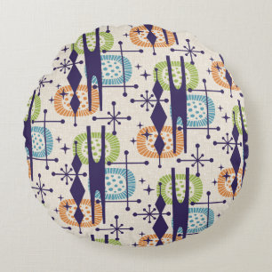 Mid Century Modern Atomic Age Abstract Pattern Round Cushion