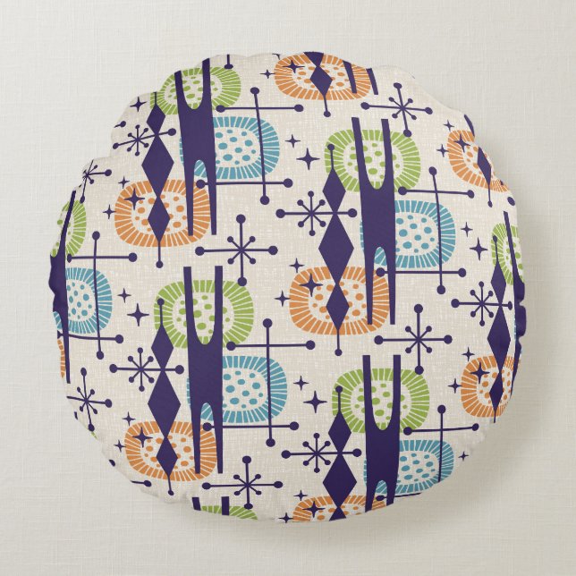 Mid Century Modern Atomic Age Abstract Pattern Round Cushion (Front)