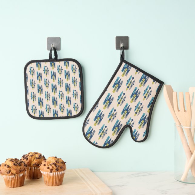 Mid Century Modern Atomic Age Pattern Oven Mitt & Pot Holder Set (Insitu(Hanging))