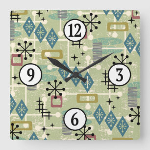 Mid Century Modern Atomic Age Starburst Pattern Square Wall Clock
