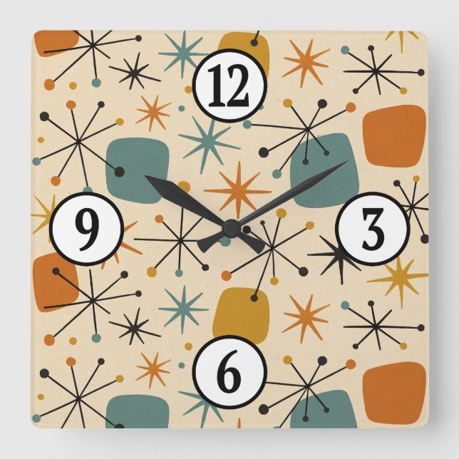 Mid Century Modern Atomic Age Starburst Pattern Square Wall Clock (Front)