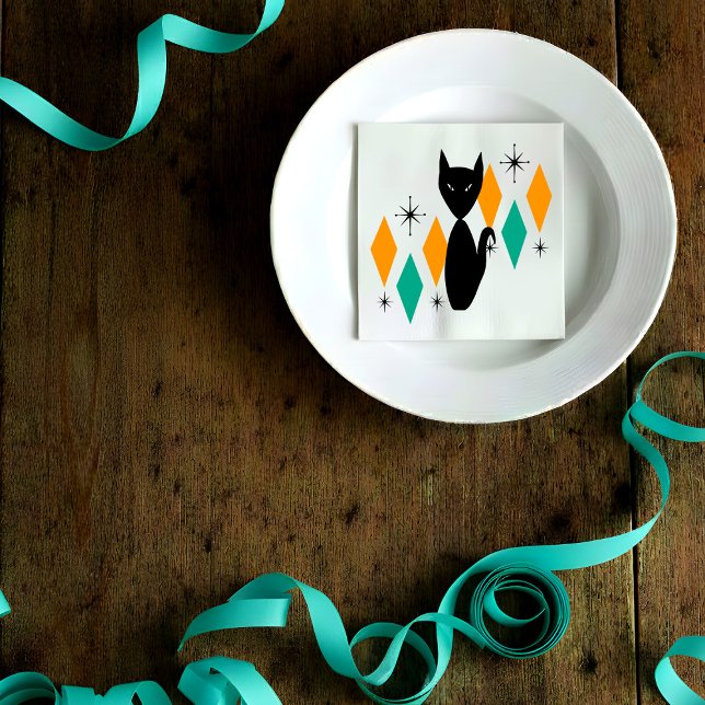 Mid Century Modern Atomic Black Cat Diamonds Stars Napkin (Mid Century Modern Black Skinny Cat Atomic Eames Era Stars Starbursts Gold Teal Diamonds )