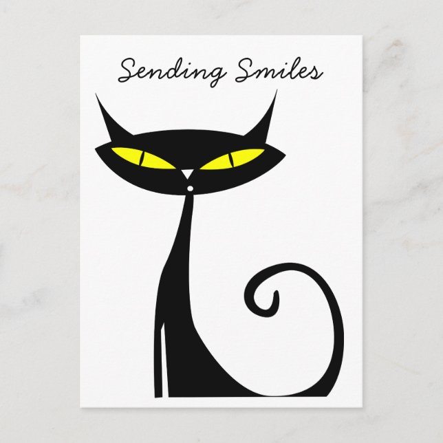 Mid Century Modern Atomic Black Cat Sending Smiles Postcard (Front)