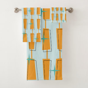 Mid Century Modern Atomic Blocks Aqua, Orange Bath Towel Set