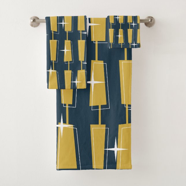 Mid Century Modern Atomic Blocks Navy, Mustard Bath Towel Set (Insitu)