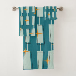 Mid Century Modern Atomic Blocks Teal, Aqua Bath Towel Set