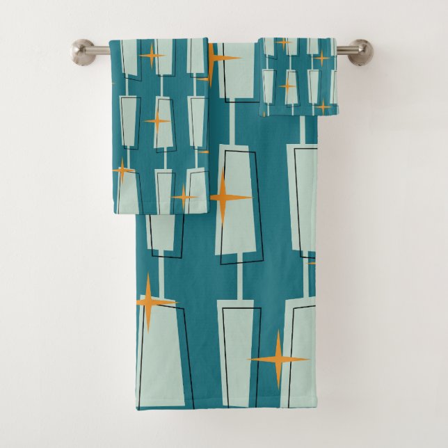 Mid Century Modern Atomic Blocks Teal, Aqua Bath Towel Set (Insitu)