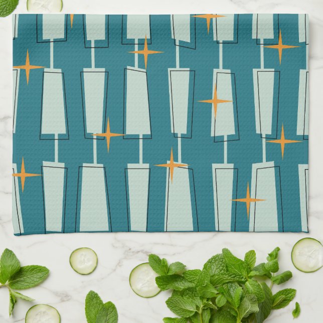 Mid Century Modern Atomic Blocks Teal, Aqua Tea Towel (Folded)