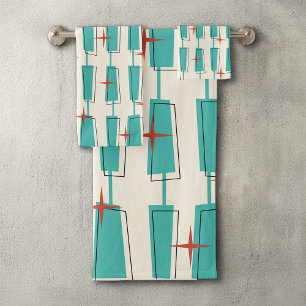 Mid Century Modern Atomic Blocks Teal, Cream, Red Bath Towel Set