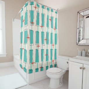 Mid Century Modern Atomic Blocks Teal, Cream, Red Shower Curtain