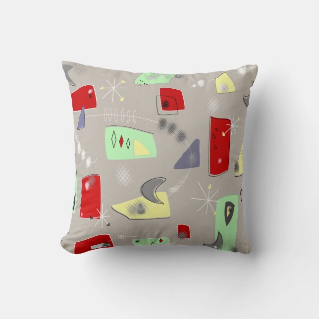 Mid-Century Modern Atomic Boomerangs Red Grey Cushion (Front)