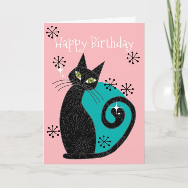 Mid Century Modern Atomic Cat Retro Happy Birthday Card (Front)