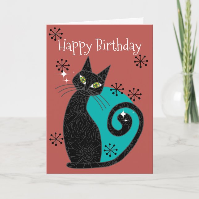 Mid Century Modern Atomic Cat Retro Happy Birthday Card (Front)