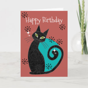 Mid Century Modern Atomic Cat Retro Happy Birthday Card
