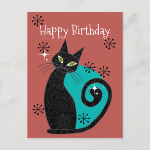 Mid Century Modern Atomic Cat Retro Happy Birthday Postcard