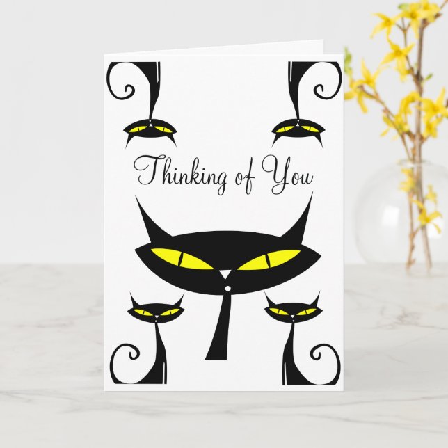 Mid Century Modern Atomic Cat Thinking of You Card (Yellow Flower)