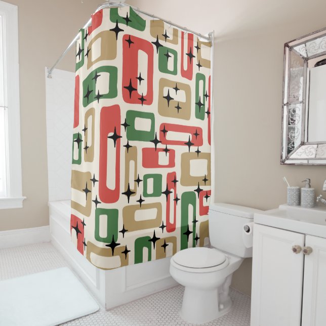 Mid Century Modern Atomic Christmas Shower Curtain (In Situ)