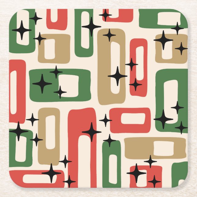 Mid Century Modern Atomic Christmas Square Paper Coaster (Front)