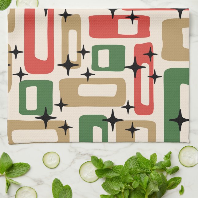 Mid Century Modern Atomic Christmas Tea Towel (Folded)