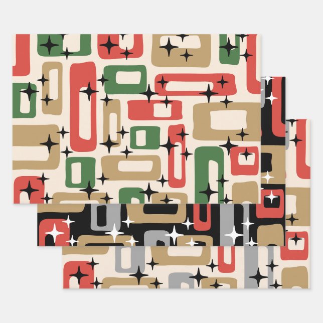 Mid Century Modern Atomic Christmas Wrapping Paper Sheet (Set)