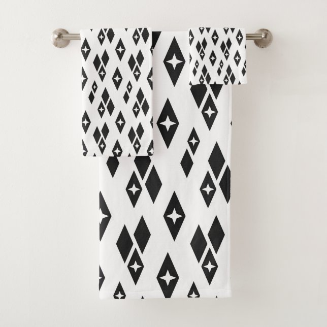 Mid Century Modern Atomic Diamonds Black and White Bath Towel Set (Insitu)