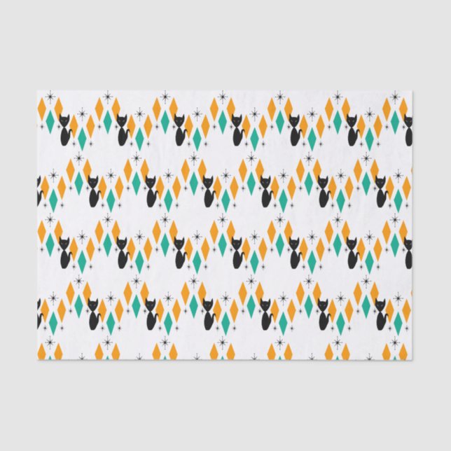 Mid Century Modern Atomic Diamonds Starbursts Cat  Tissue Paper (Front)