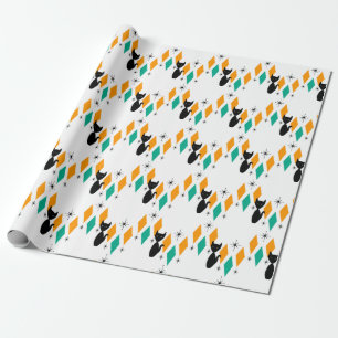 Mid Century Modern Atomic Diamonds Starbursts Cat Wrapping Paper