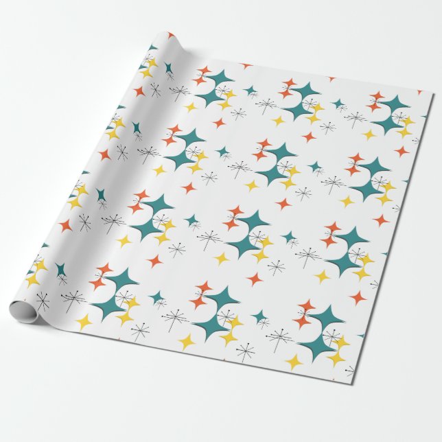 Mid Century Modern Atomic Era Starbursts Turquois  Wrapping Paper (Unrolled)