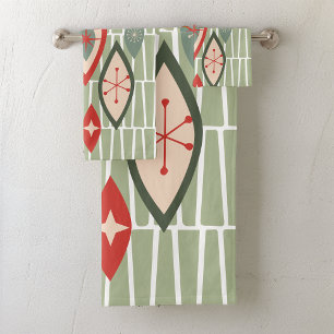 Mid Century Modern Atomic Shapes Green, Red Bath Towel Set