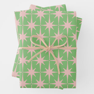 Mid Century Modern Atomic Starburst Pattern Green Wrapping Paper Sheet