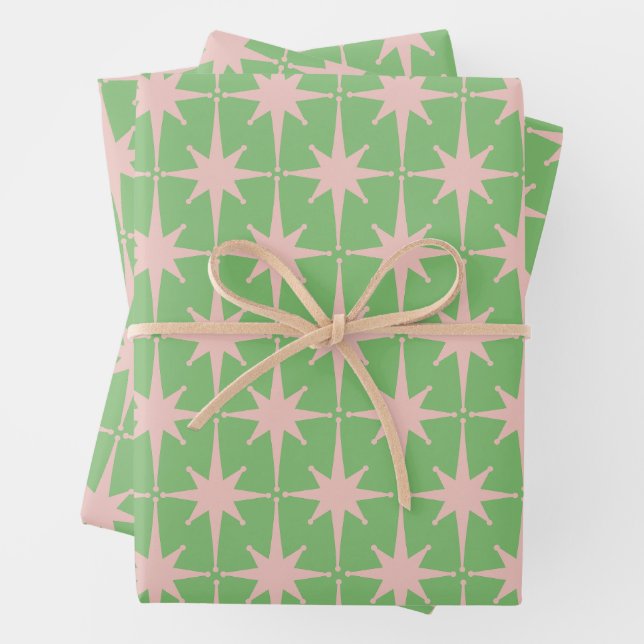 Mid Century Modern Atomic Starburst Pattern Green  Wrapping Paper Sheet (In situ)