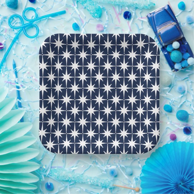 Mid Century Modern Atomic Starburst Pattern Navy  Paper Plate (Party)
