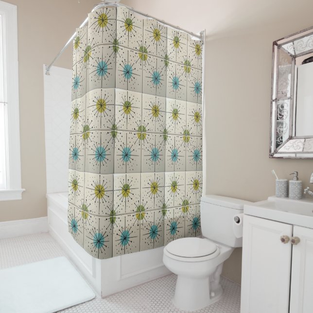 Mid Century Modern Atomic Starburst Pattern Shower Curtain (In Situ)