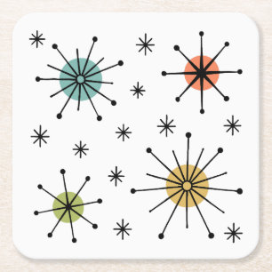 Mid Century Modern Atomic Starburst Pattern Square Paper Coaster