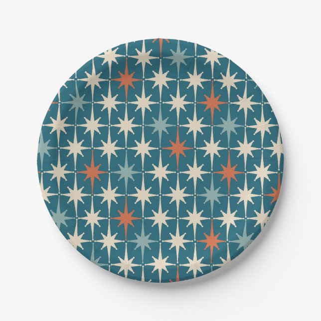 Mid Century Modern Atomic Starburst Pattern Teal Paper Plate (Front)