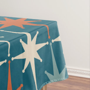 Mid Century Modern Atomic Starburst Pattern Teal Tablecloth