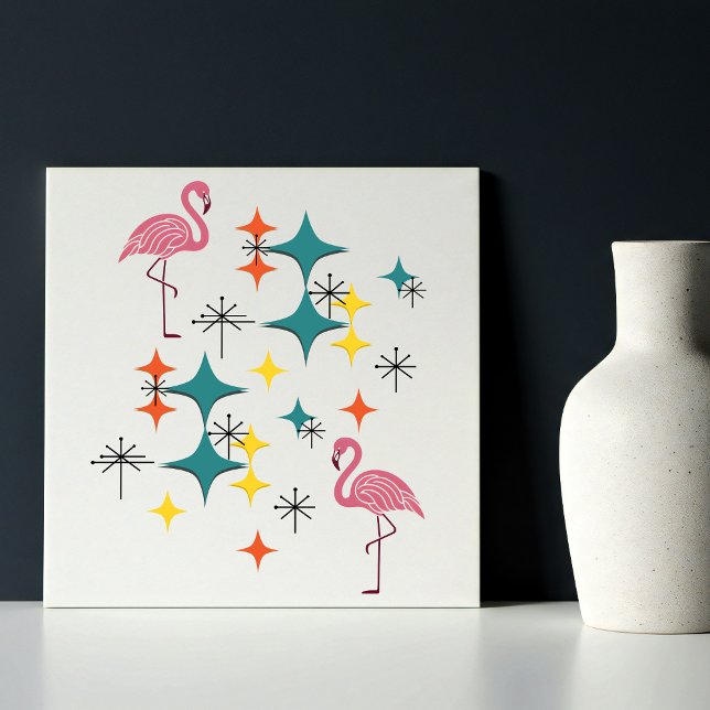 Mid Century Modern Atomic Starburst Pink Flamingos Tile (Mid Century Modern Pink Flamingos Diamonds Stars Starbursts Teal Red Yellow Eames Atomic Era Pattern)