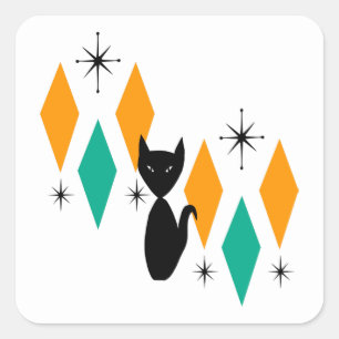 Mid Century Modern Atomic Starbursts Diamonds Cat  Square Sticker