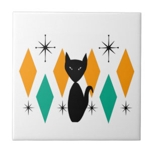 Mid Century Modern Atomic Starbursts Diamonds Cat Tile