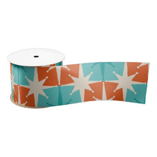Mid Century Modern Atomic Stars Chequered Pattern Satin Ribbon