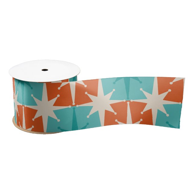 Mid Century Modern Atomic Stars Chequered Pattern Satin Ribbon (Spool)