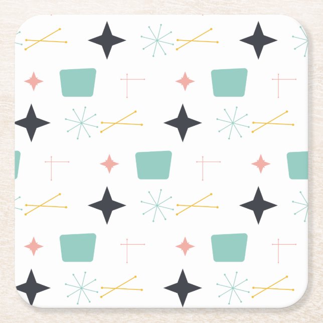 Mid Century Modern Atomic Stars Square Paper Coaster (Front)