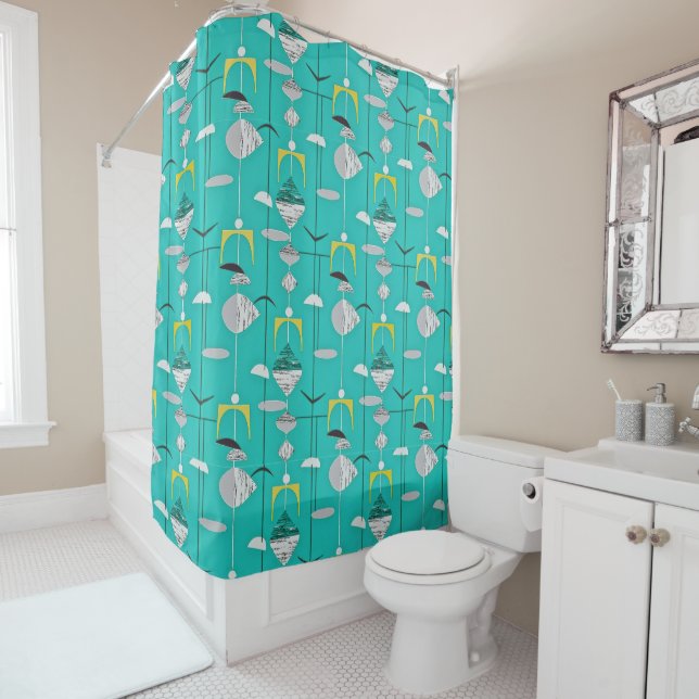 Mid Century Modern Atomic Turquoise Yellow Black Shower Curtain (In Situ)