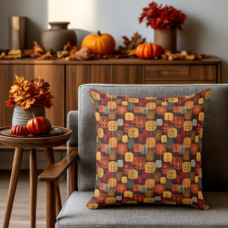Mid-Century Modern Autumn Forest Throw Pillow