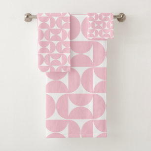 Mid Century Modern Baby Pink And White Pattern Bath Towel Set