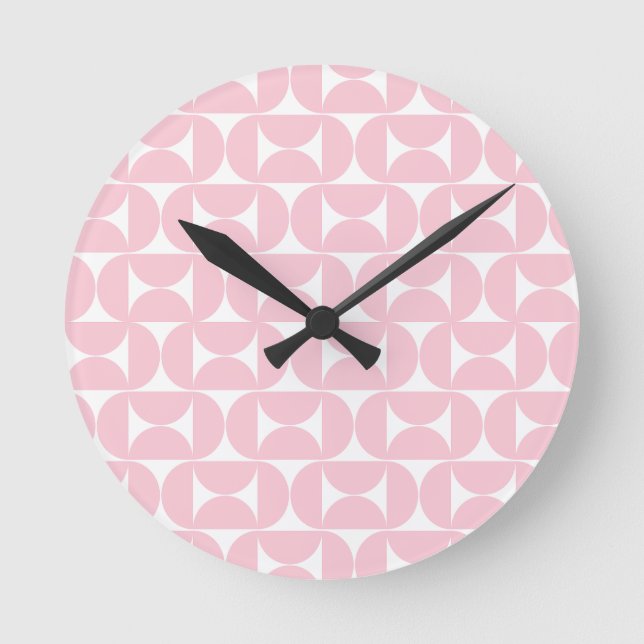 Mid Century Modern Baby Pink And White Pattern Round Clock (Front)