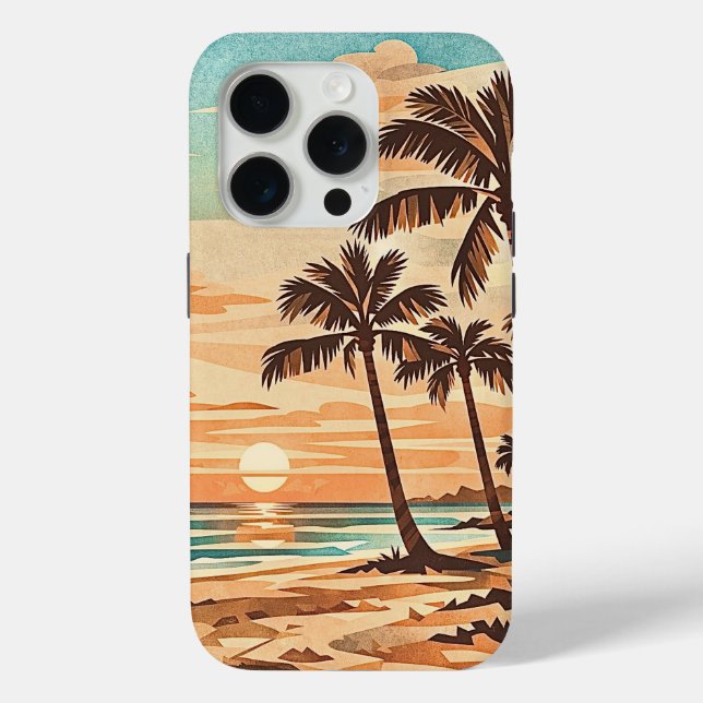 mid century modern beach Hawaii sunset palm trees  Case-Mate iPhone Case (Back)
